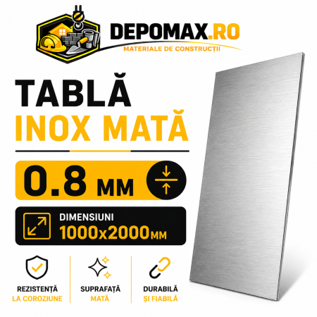 Tabla inox mata AISI 304 2B, 0.8 x 1000 x 2000 mm, 2 mp